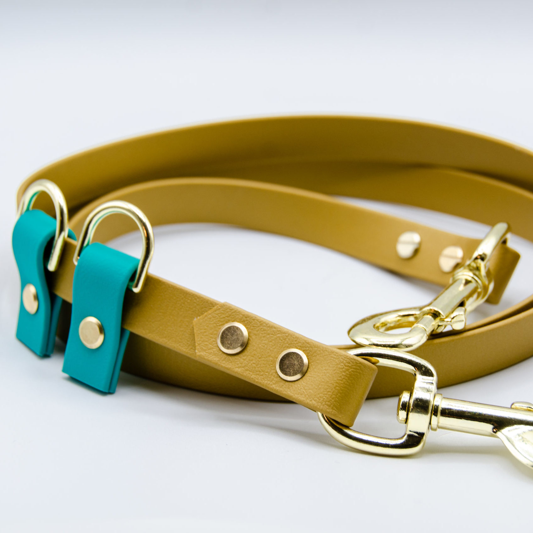 gold and teal hands free leash from pimped out pup