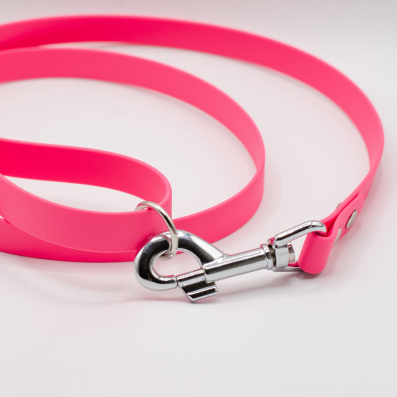 bubblegum colored biothane waist lead by pimped out pup