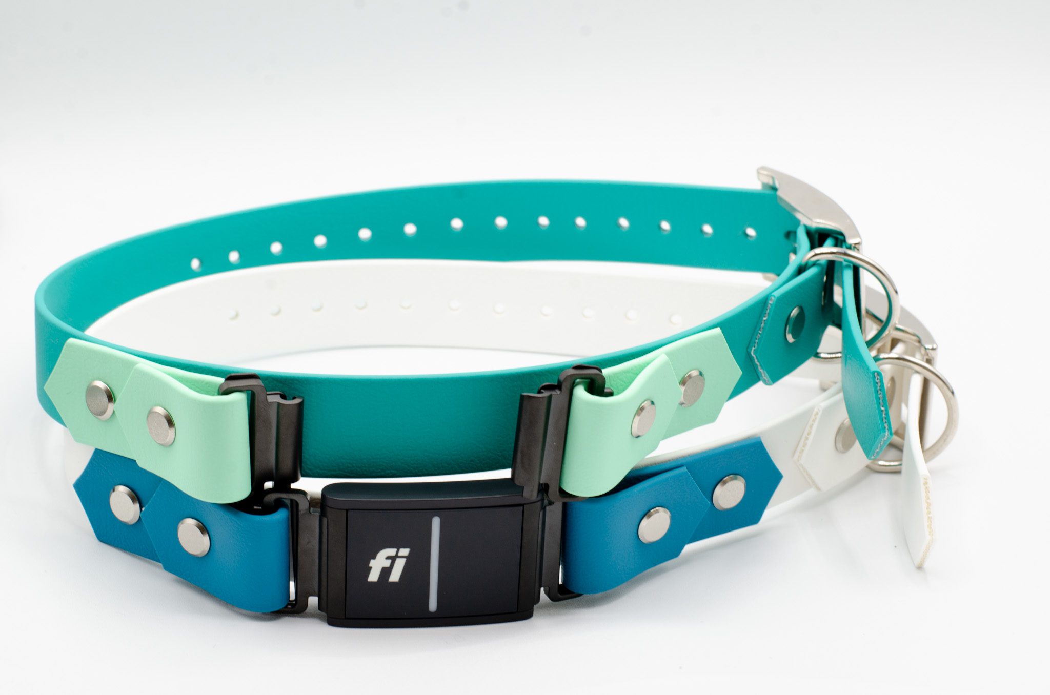 1" on the collar fi series 3 collars in teal and mint and white and ocean