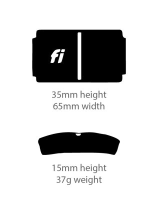 Fi series 2 graphic showing that it's 35mm high and 65 mm wide and 37g heavy