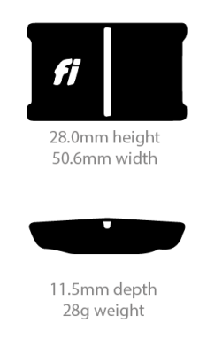 fi 3 graphic showing that it is 28mm high and 50.6mm wide with a weight of 28g
